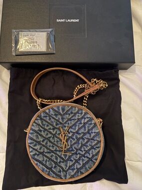 Saint Laurent Denim Quilted Round Crossbody with Gold Hardware
